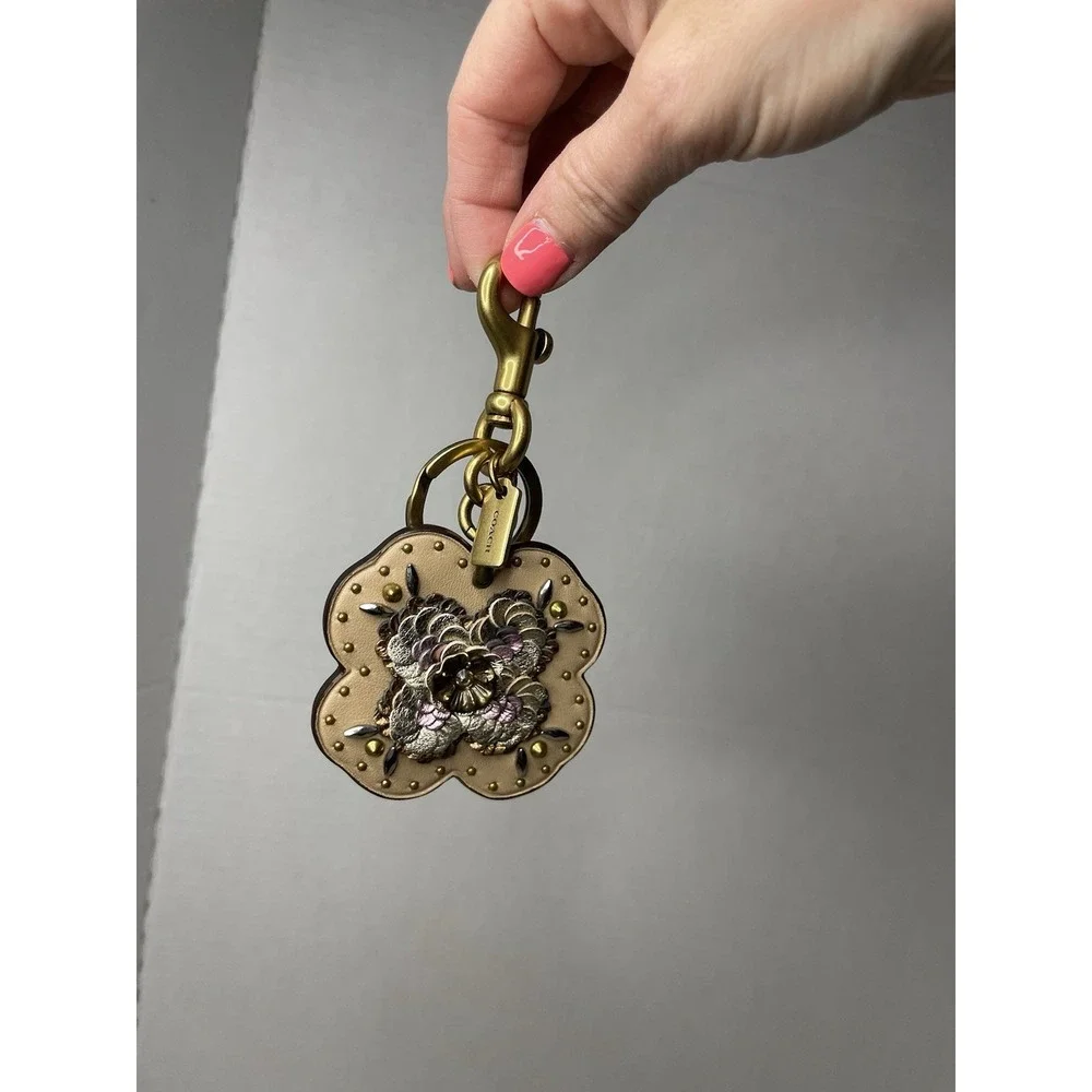 COACH Leather Sequin Appliqué Tea Rose Bag Charm in Beechwood and Gold - Picture 3 of 8